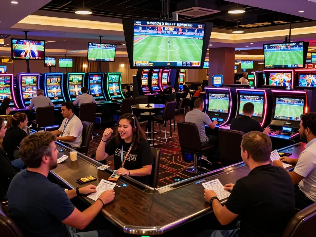 Engaged patrons placing bets in a dynamic sports betting area at 789 casino, showcasing excitement and interaction.