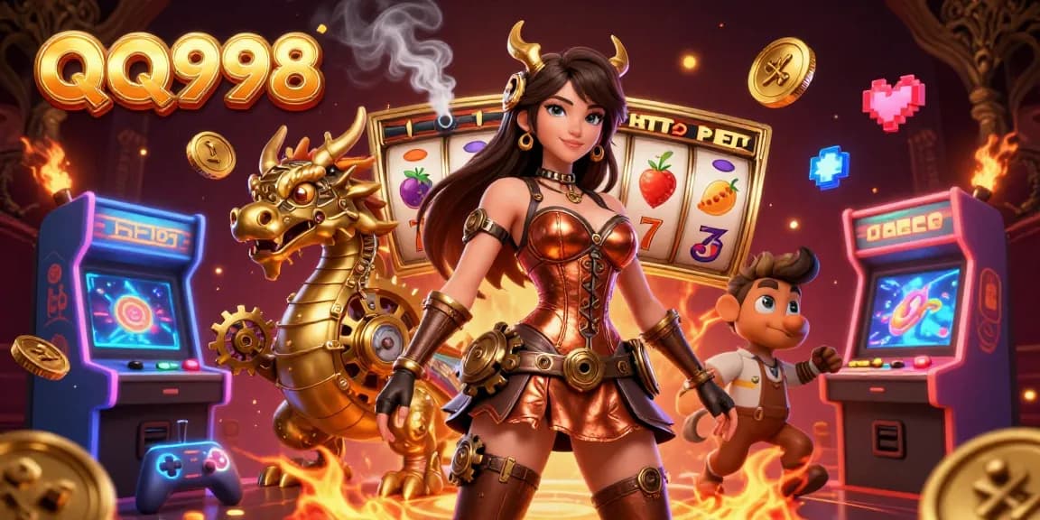 Experience dynamic gaming action on QQ998 with vibrant visuals and exciting slot elements in this artistic illustration.