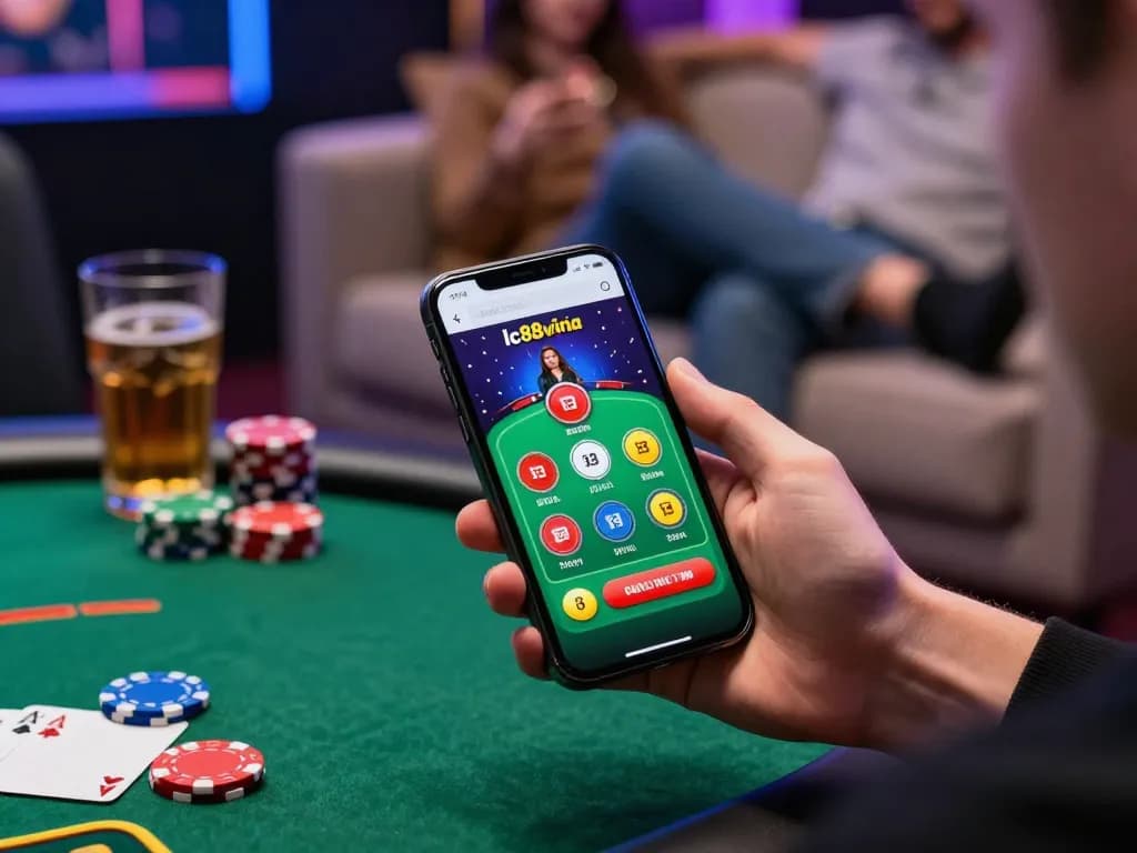 Experience strategic gameplay with lc88vina app on a smartphone in a cozy home setting