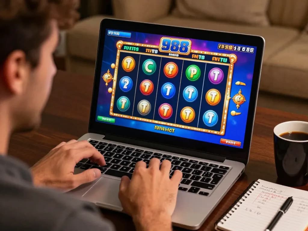 Engaging player enjoying 988slot online casino game on a laptop with strategic notes.