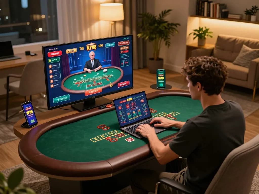 Engaged player at home using KP88 for live dealer blackjack gaming online with a cozy setup