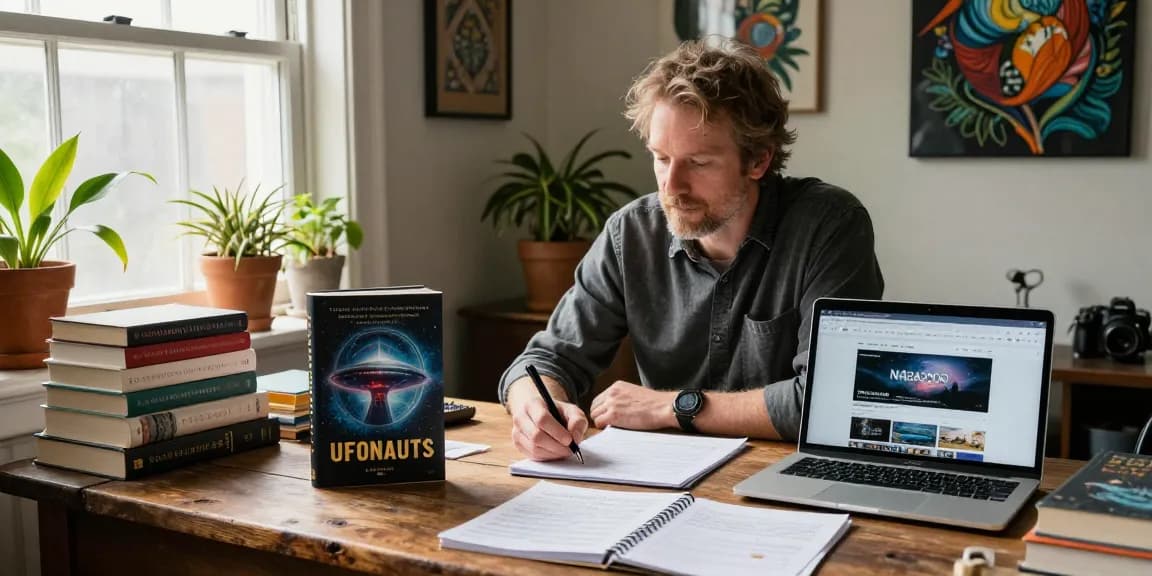 T. Allen Greenfield at his writing desk showcasing UFOnauts on https://tallengreenfield.com with stacks of spiritual books.