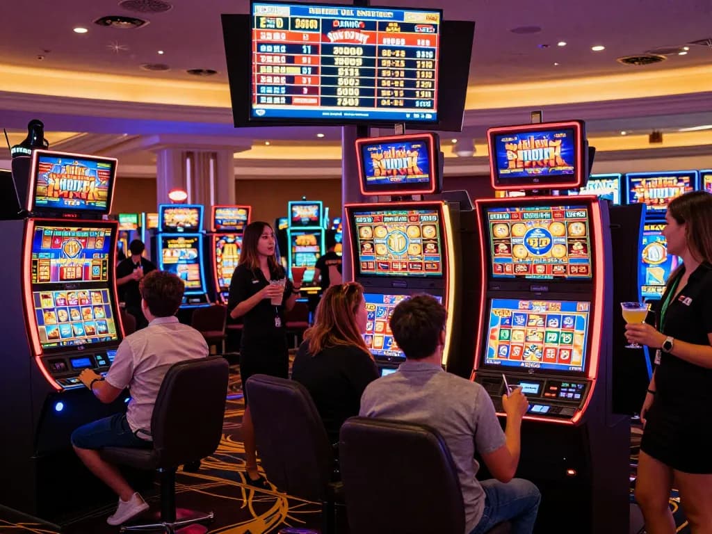 Players enjoying the excitement of link slot machines in a lively casino environment
