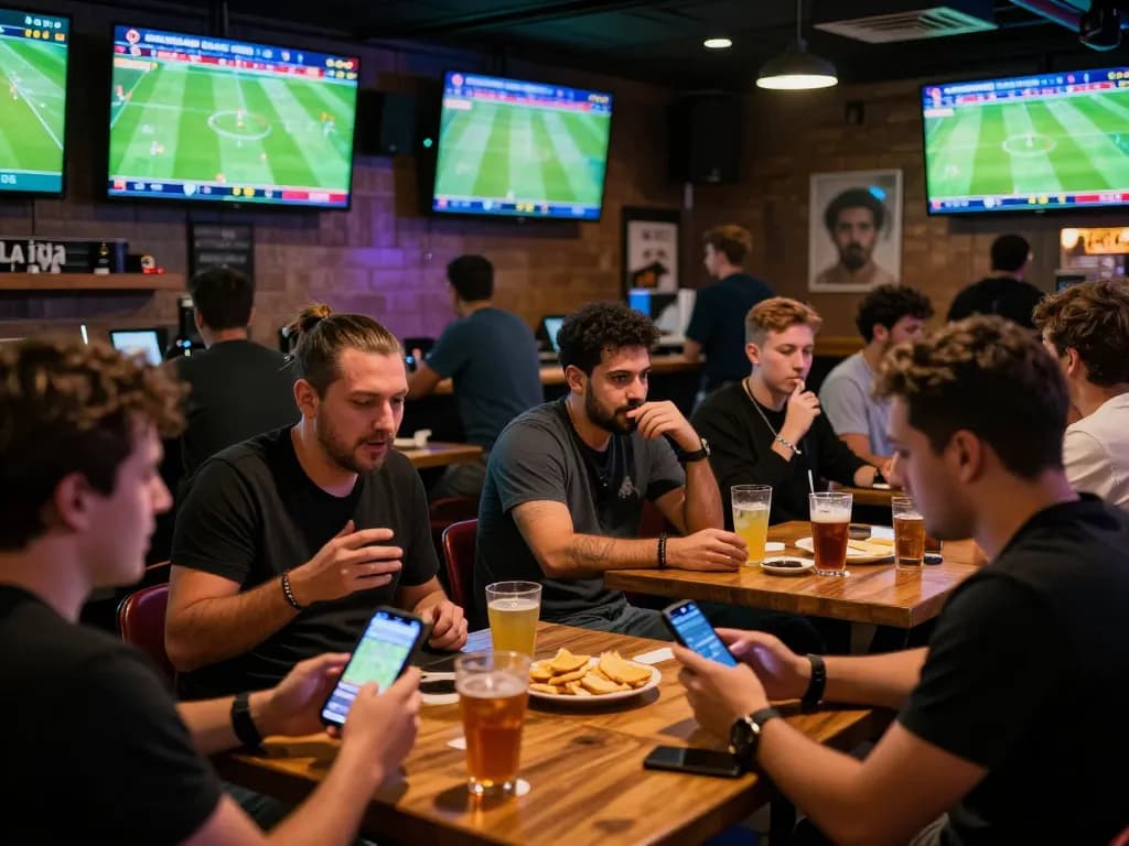 Tỷ Lệ Kèo La Liga displayed prominently on multiple screens in a lively sports betting bar.