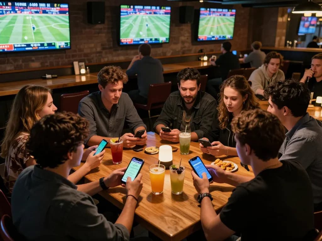 Friends engaging in sports betting at a lively bar, showcasing 7meter Link Alternatif with excitement over game strategies.