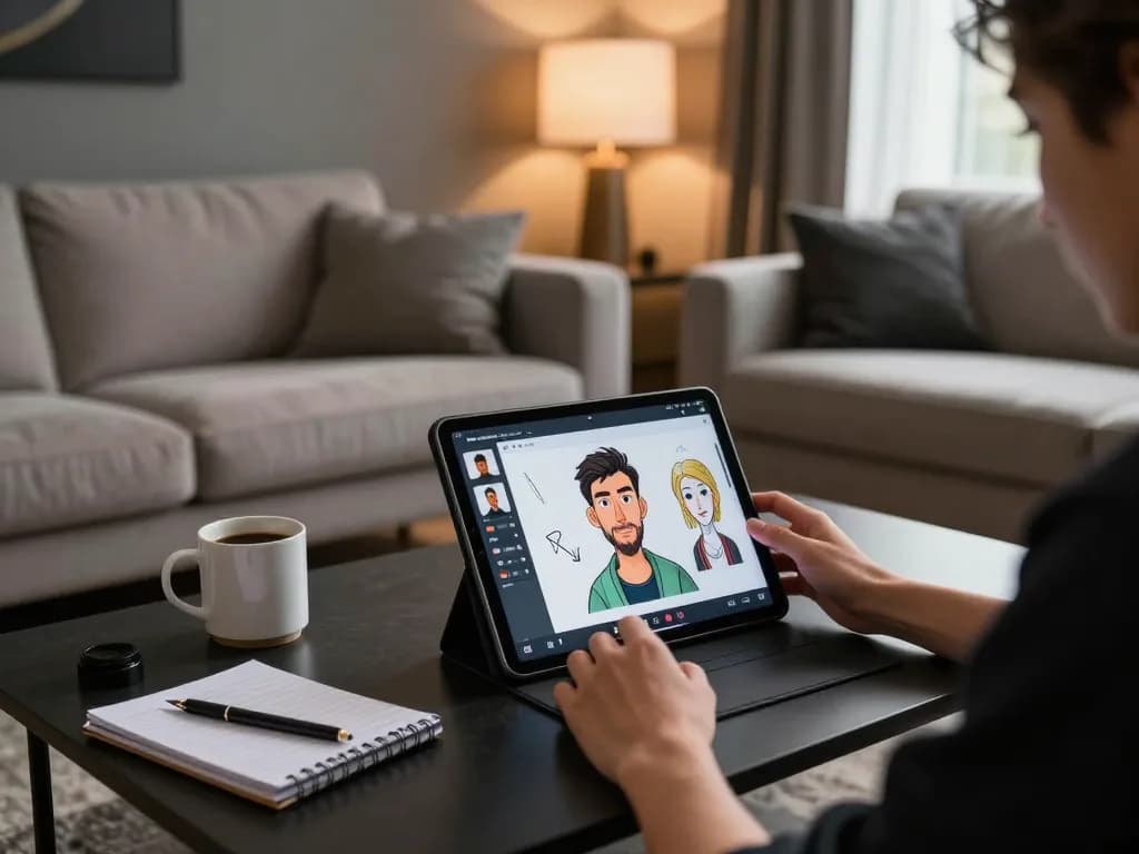 Create a caricature on a tablet, showcasing a personalized digital art moment in stylish living room.