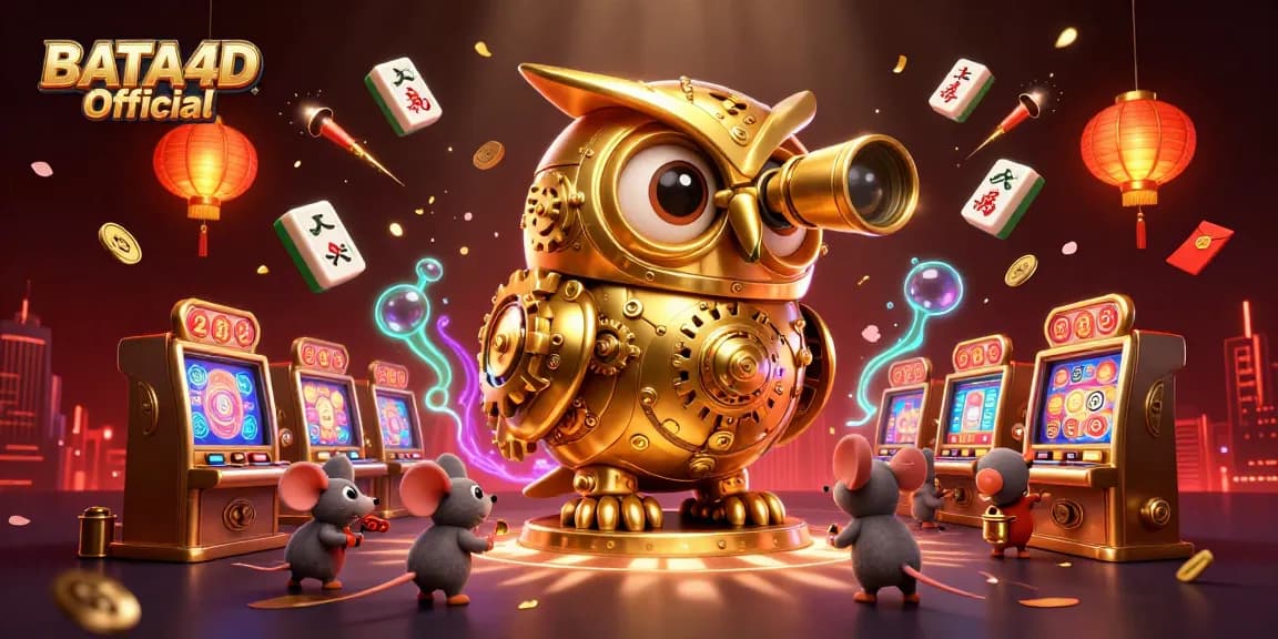 BATA4D Official menampilkan burung hantu emas berputar di kasino, dikelilingi lampion dan kemewahan.