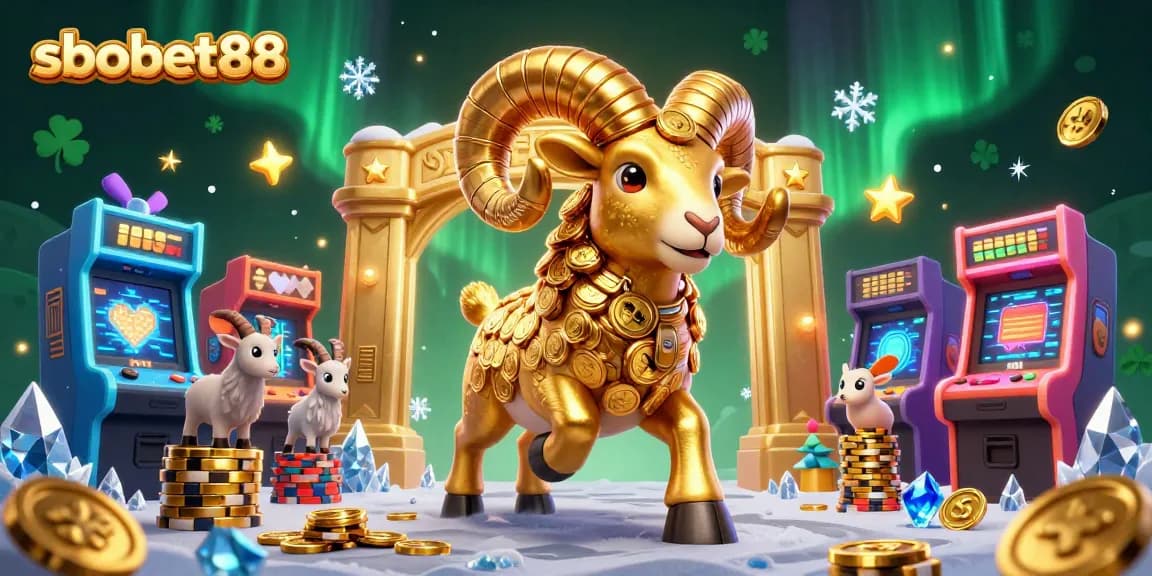 Engage with sbobet88's vibrant casino world through a golden ram charging at a winning gate amidst animated game elements.