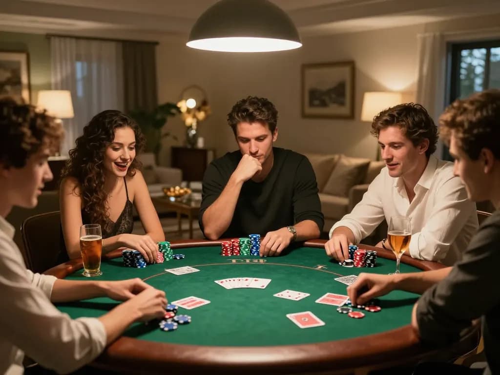 Group playing poker at home with excitement and strategy, highlighting au88 gaming experience.