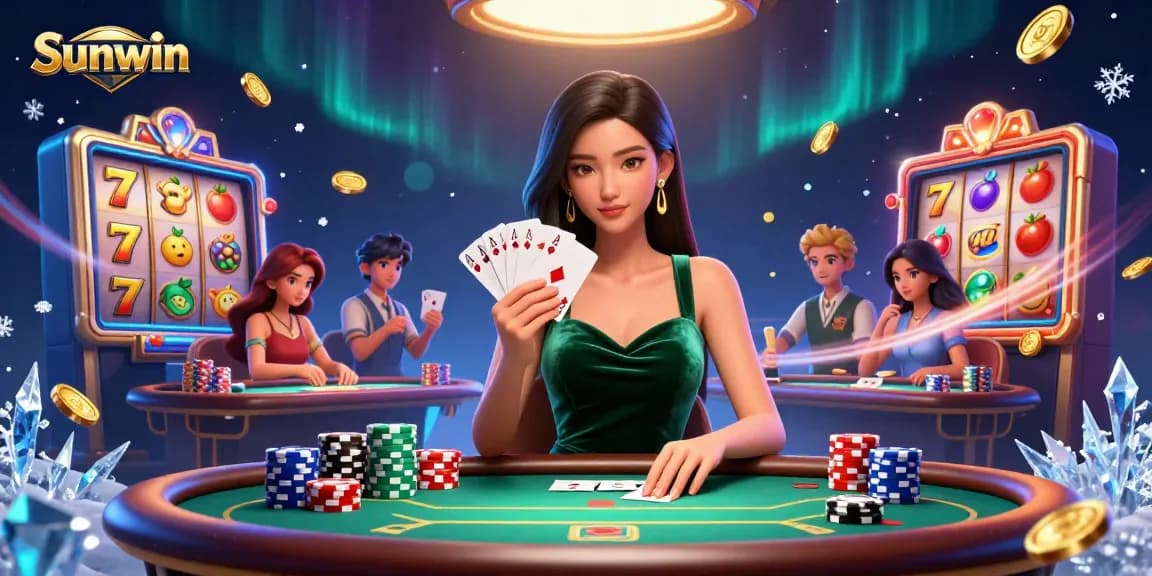 Engage in thrilling gameplay at Sunwin with a strategic poker scene filled with vibrant slot elements.
