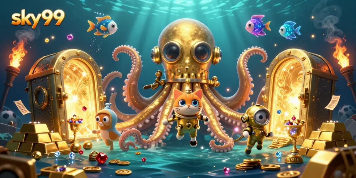 Rasakan taruhan menegangkan di sky99 dengan adegan permainan kraken yang dipenuhi harta dan elemen olahraga.