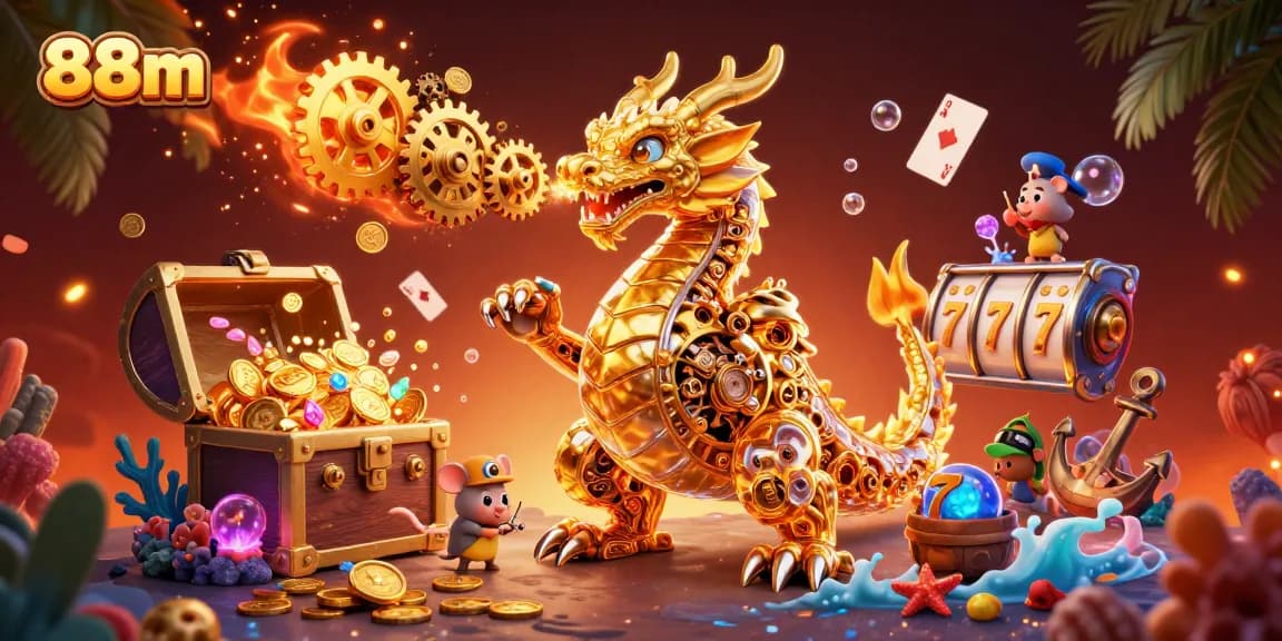 88m showcases a dynamic casino scene of a golden dragon amidst slot reels and treasures.