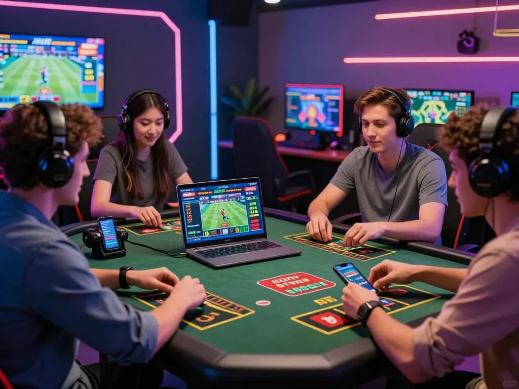 Exciting gaming scene with friends enjoying hm88 online betting, showcasing promotions and live odds.