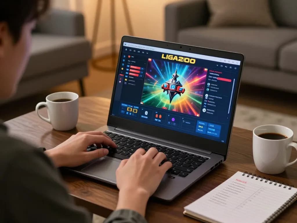LIGA2000 player engaging with online slot game on laptop, showcasing a cozy and strategic gaming environment
