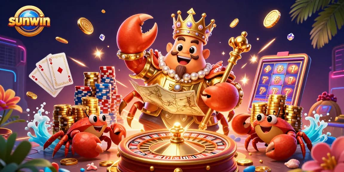 Win big with sunwin in this vibrant 3D illustration of a casino adventure featuring a golden crab emperor.
