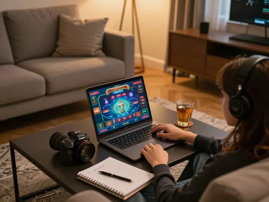 Engaging online gaming experience with king33 platform on a laptop at home, showcasing excitement and strategy in a cozy setting.
