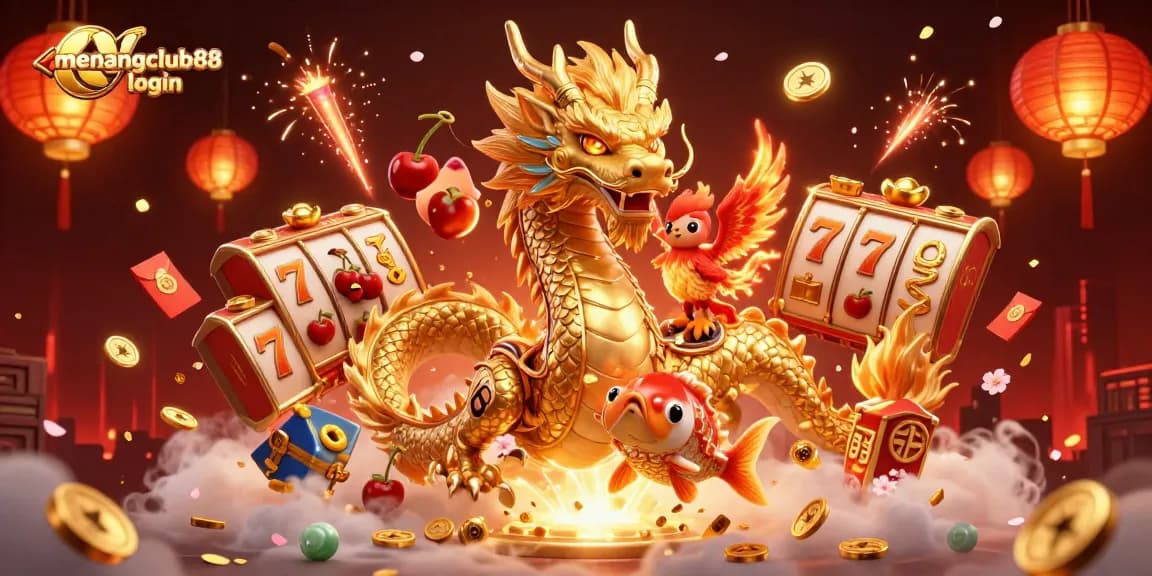 Experience thrilling gaming with MENANGCLUB88 login, featuring vibrant casino elements and an enchanting dragon.