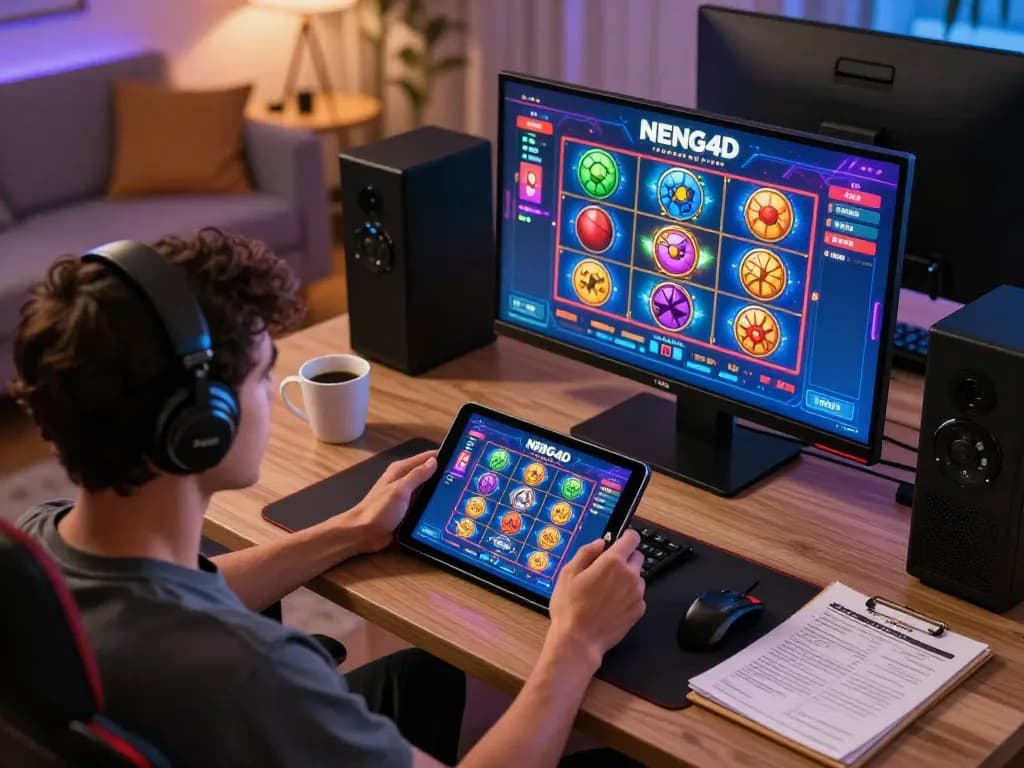 Engaging in the NENG4D slot game through a tablet in a cozy home setting.