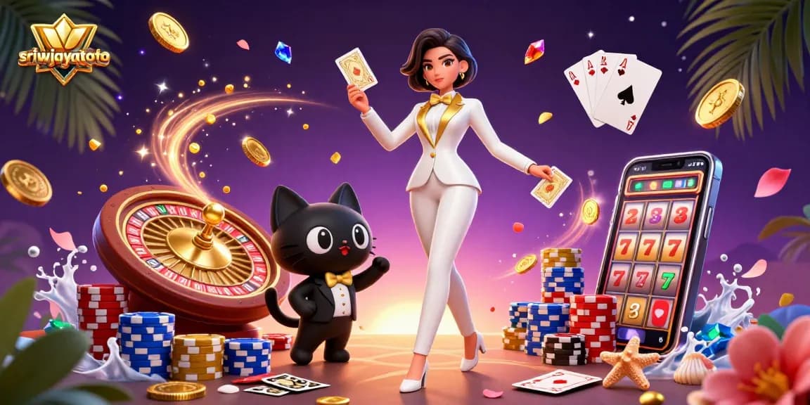 Sriwijayatoto showcasing a glamorous casino scene with vibrant gaming elements like golden coins, a roulette wheel, and poker cards.