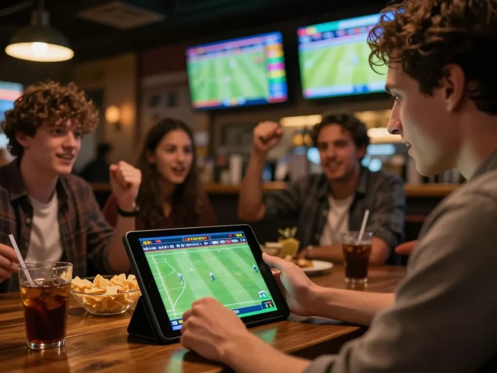 Sports betting enthusiast placing bets on kèo bóng đá while enjoying a lively game night with friends.