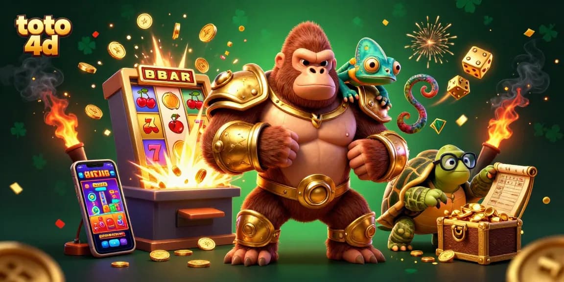 Rasakan permainan toto 4d yang mendebarkan dengan raja gorila kartun dan elemen kasino berwarna-warni di sekitarnya.