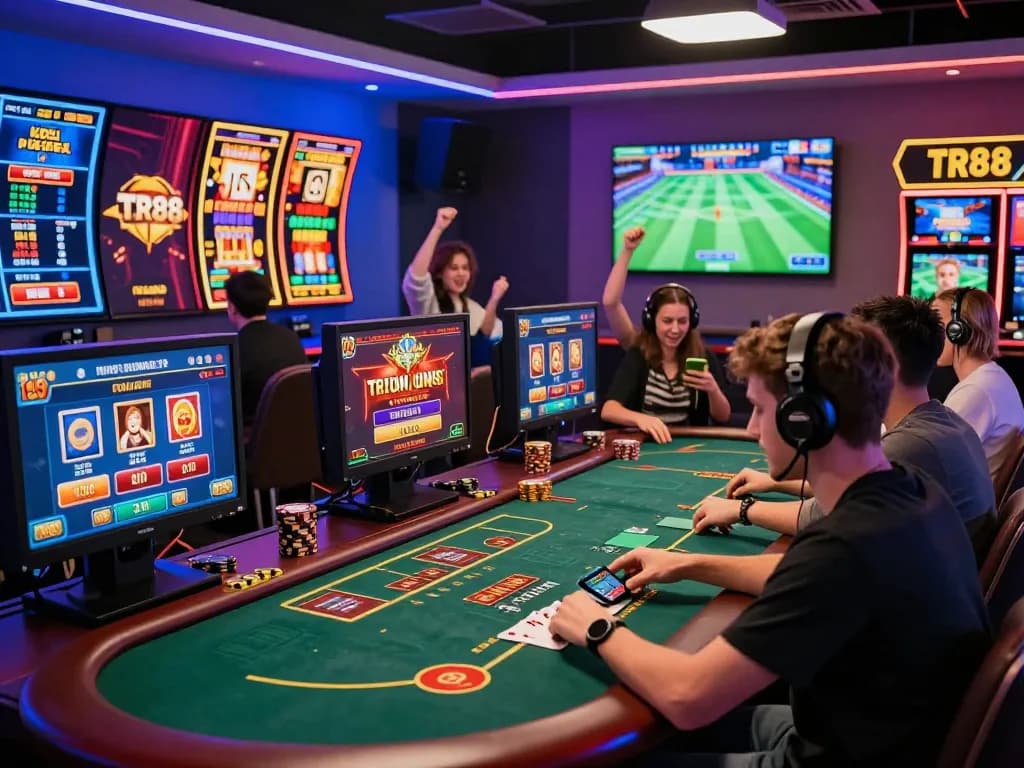 Exciting gaming atmosphere at TR88 with diverse players engaged in casino games and vibrant digital interfaces.