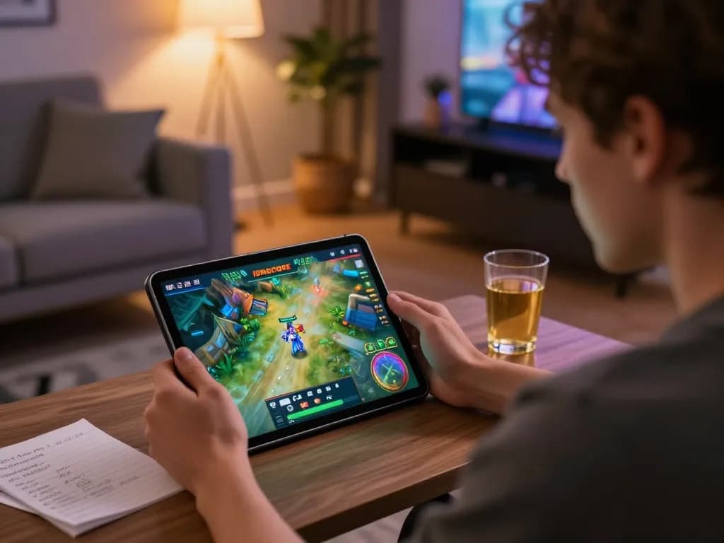 Engage with dynamic gameplay and DAFTAR IDNSCORE on a tablet in a cozy home setup