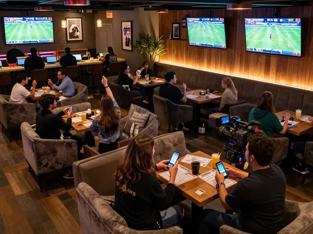 Fans enjoying sports betting excitement at bsport with live action on screens and enthusiastic atmosphere.