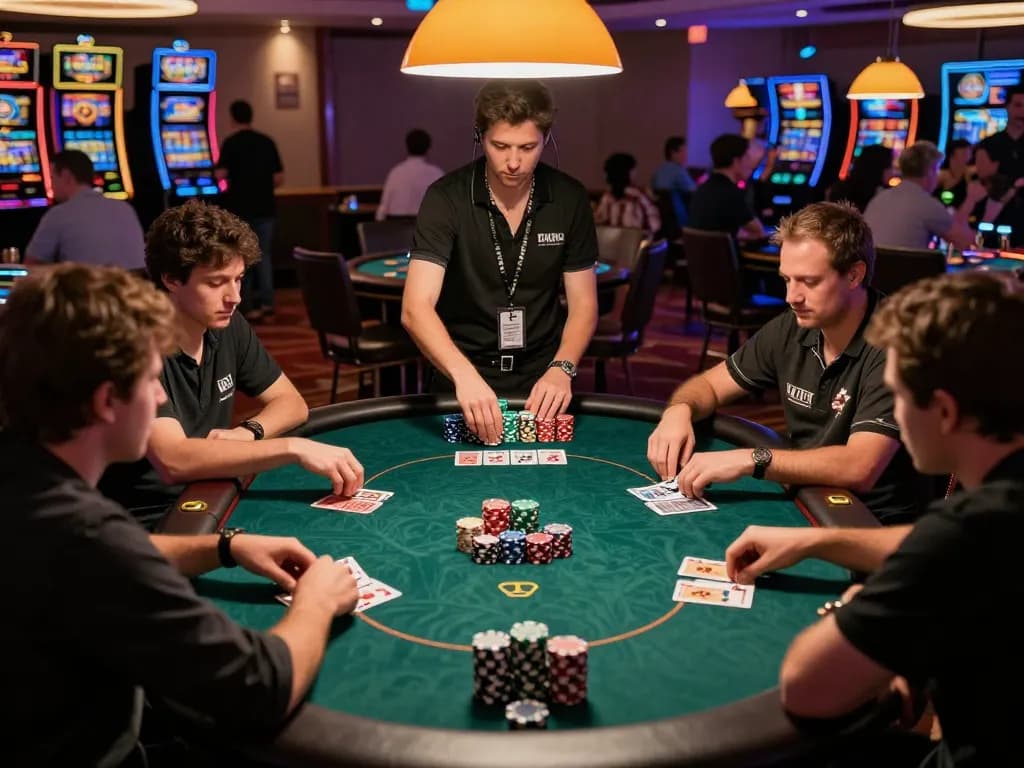 Engaging poker gameplay at kk win.com with players focused on their hands and colorful chips displayed.