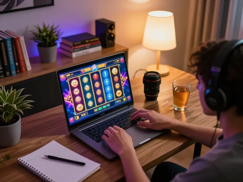 Online player enjoying OKFUN slot games on a laptop in a cozy home setting.