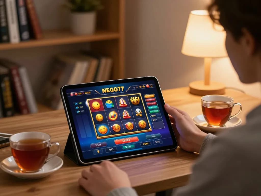 Engaging with the NEGO77 casino app showcasing slot reels, enhancing online gaming experience