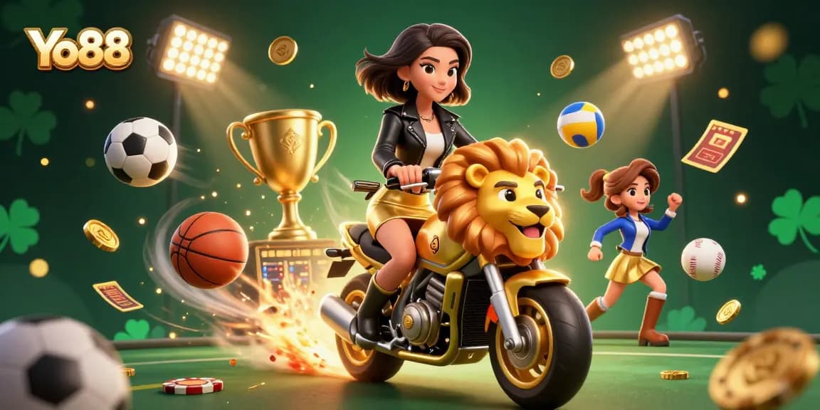 Experience thrilling gameplay at Yo88 with a glamorous Asian woman riding a golden lion, surrounded by dynamic sports elements.