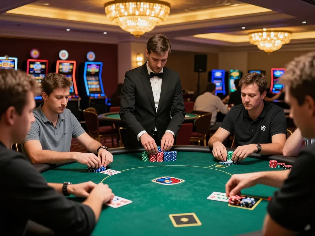 Intense high-stakes poker action at a luxurious casino table with MPOID and vibrant players.