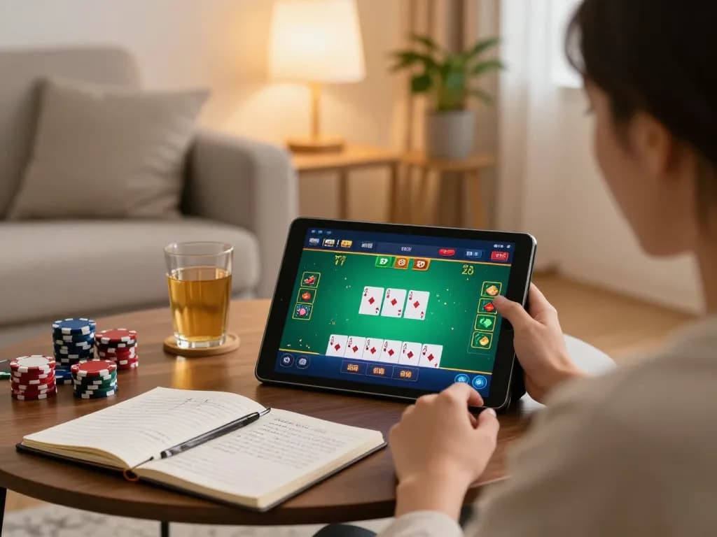 MPOID offers an immersive online gaming experience as a player engages with a poker game on a tablet in a cozy setting.