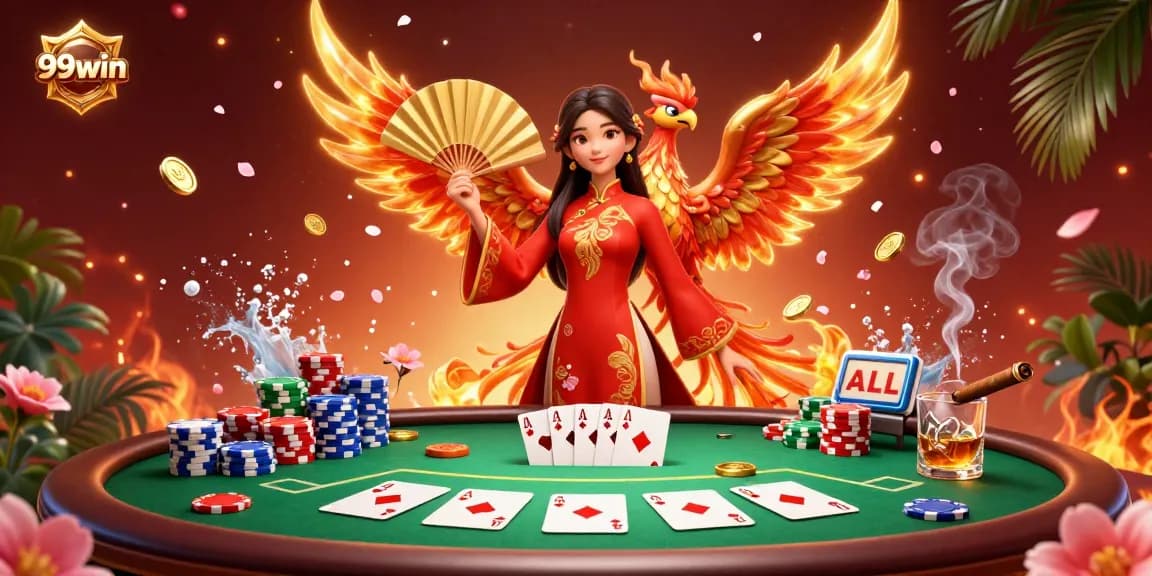 Experience the exciting world of 99win as a beautiful woman in ao dai holds a golden fan in this vibrant 3D casino scene.