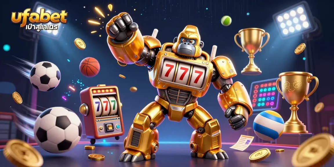 Experience ufabet เข้าสู่ระบบ with a dynamic 3D scene featuring a golden gorilla mech bursting with coins and sports elements.