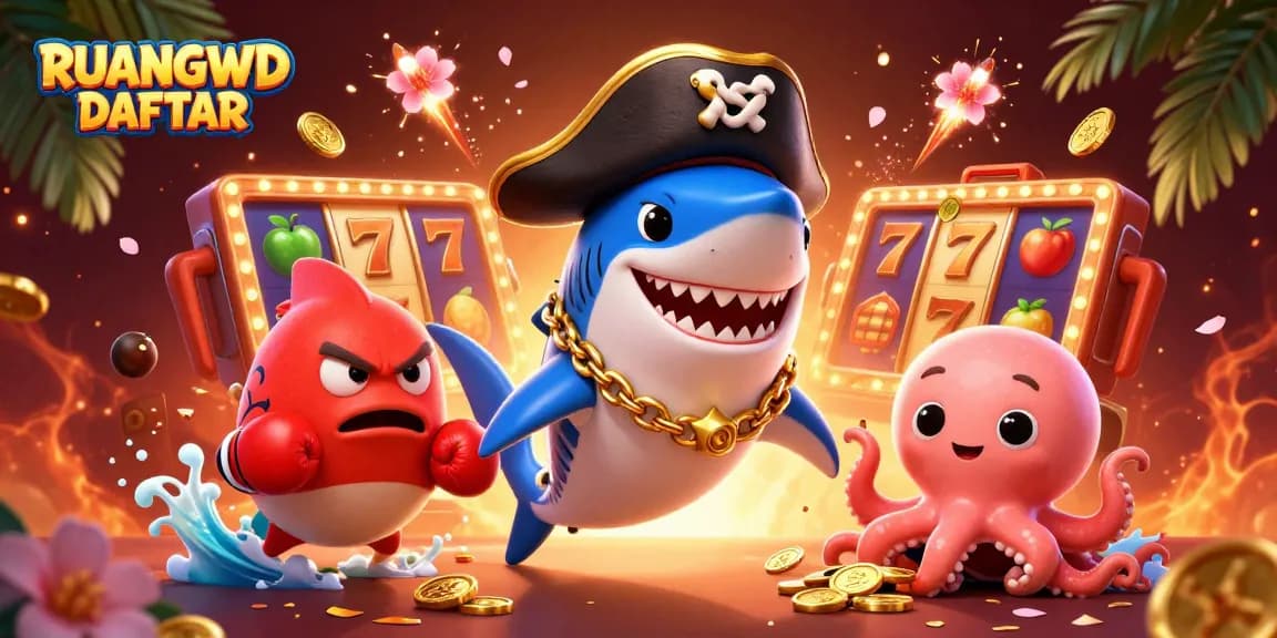 Experience exciting gameplay with RUANGWD DAFTAR, featuring vibrant characters celebrating casino winnings.