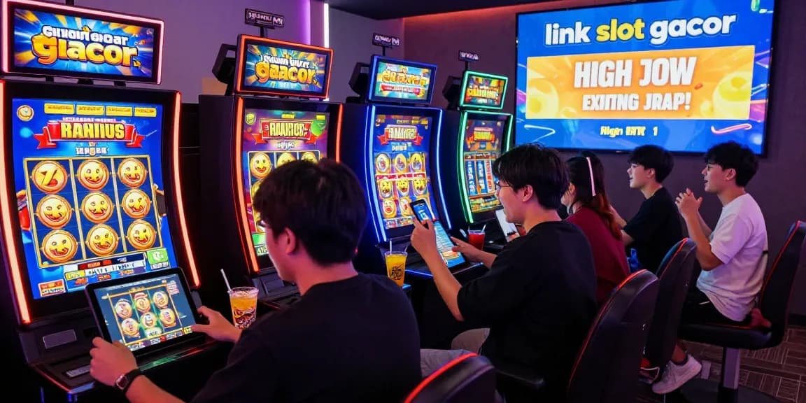 Pemain terlibat dalam permainan slot online, menikmati pengalaman "link slot gacor" dengan suasana yang energik dan menyenangkan.