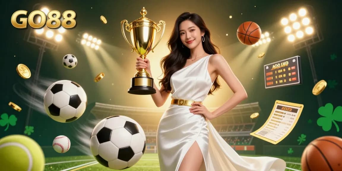 Experience the excitement of GO88 with a stunning Asian woman triumphantly holding a trophy amidst dynamic sports betting visuals.