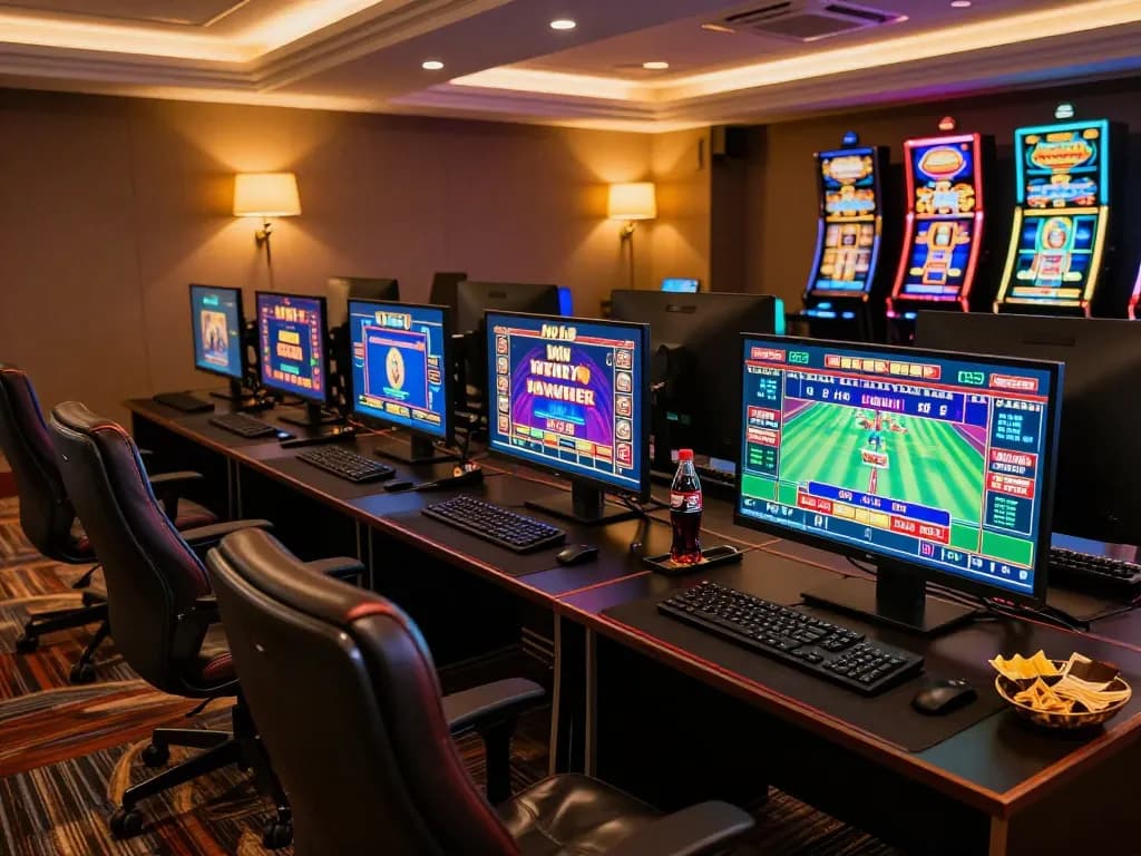 Iwin user experiencing immersive online gaming on multiple screens in a stylish setup