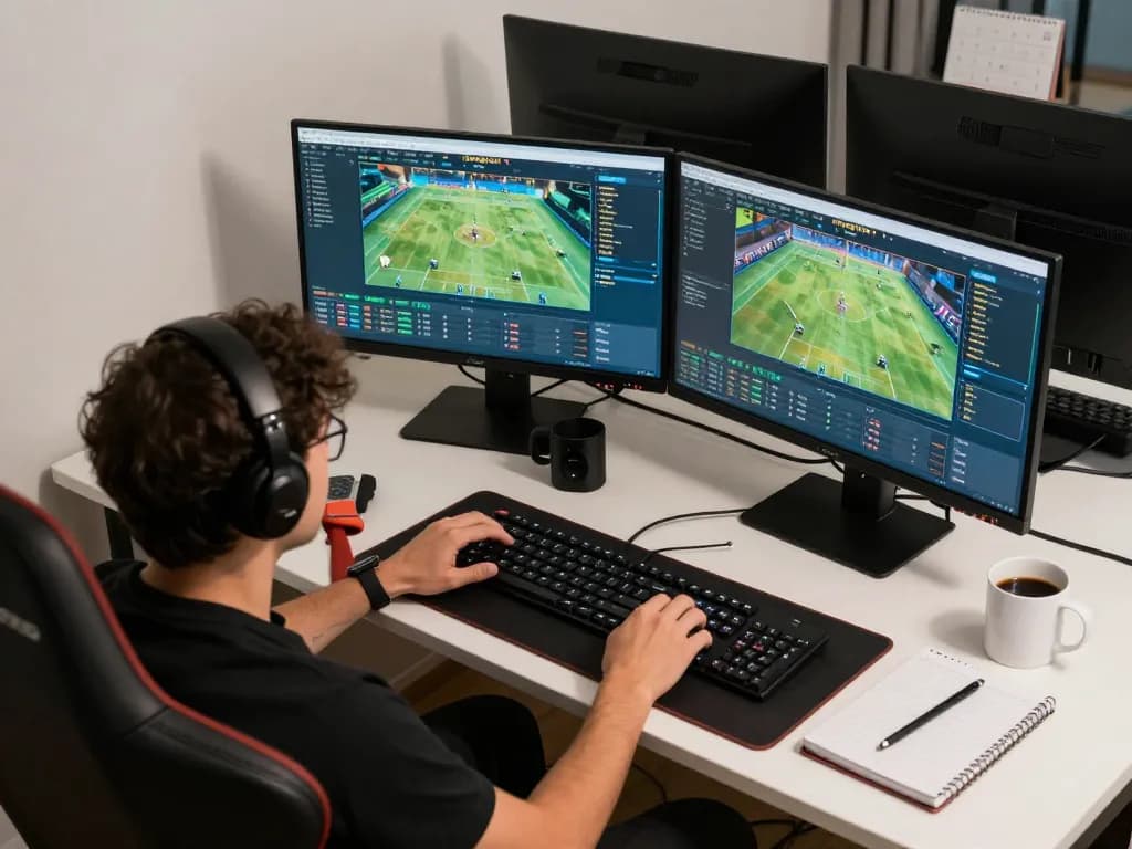 Person analyzing sports statistics on a multi-monitor setup for trangcacuocbongda online betting