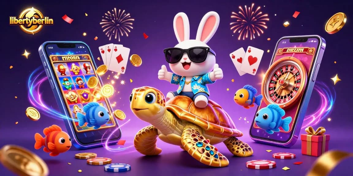 libertyberlin enhances winnings with a vibrant 3D scene of slot games and cheerful characters.