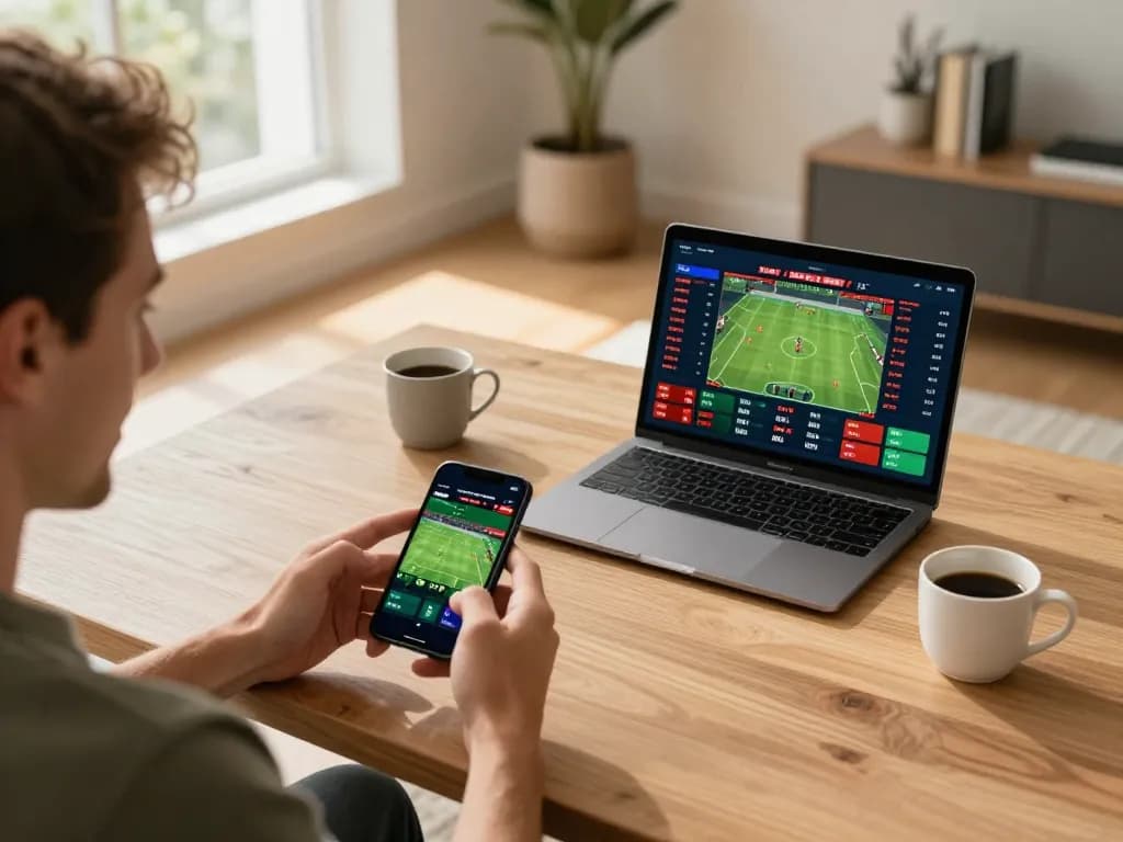 Person engaging in sports betting using smartphone and laptop at home, with excitement and strategy involved, 45678.