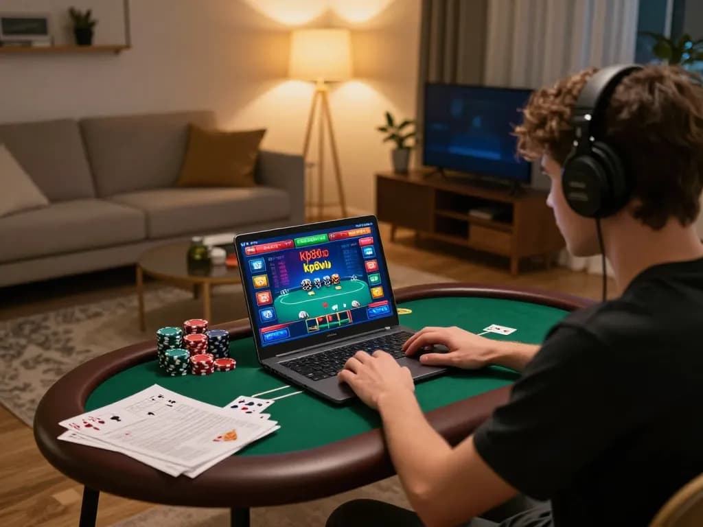 Engaging player enjoying kp88vip online casino games at home with strategy notes.