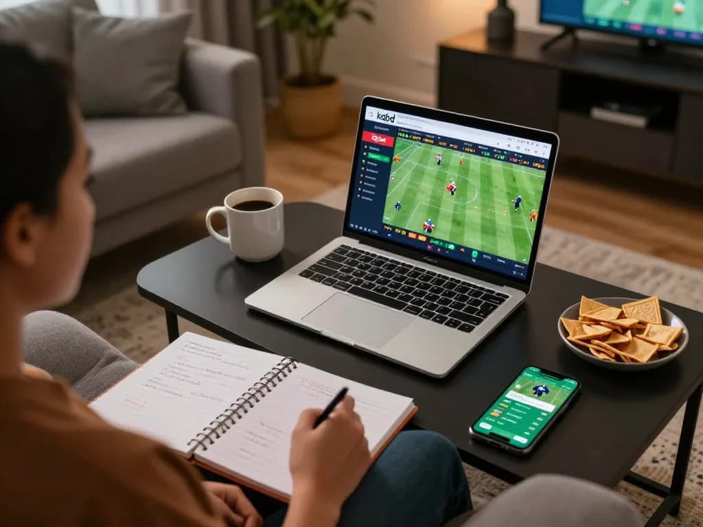Kqbd betting setup showing live scores and responsible betting strategies in a cozy home environment.