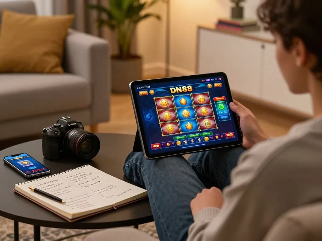 Enjoying a strategic gaming session on DN88 with a tablet at home, illuminating responsible gambling.
