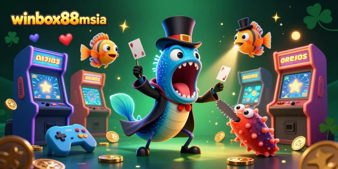 Experience the thrill of winbox88msia with vibrant undersea characters performing magic tricks among glowing casino games.