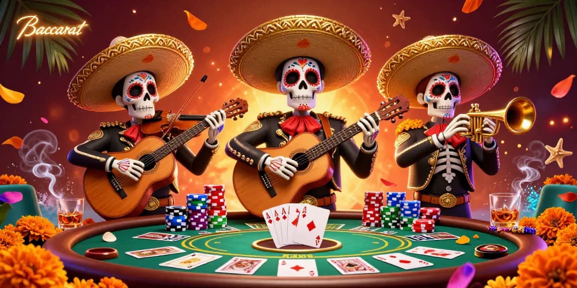Baccarat scene featuring a lively mariachi band with skeletons, poker chips, and vibrant decorations.
