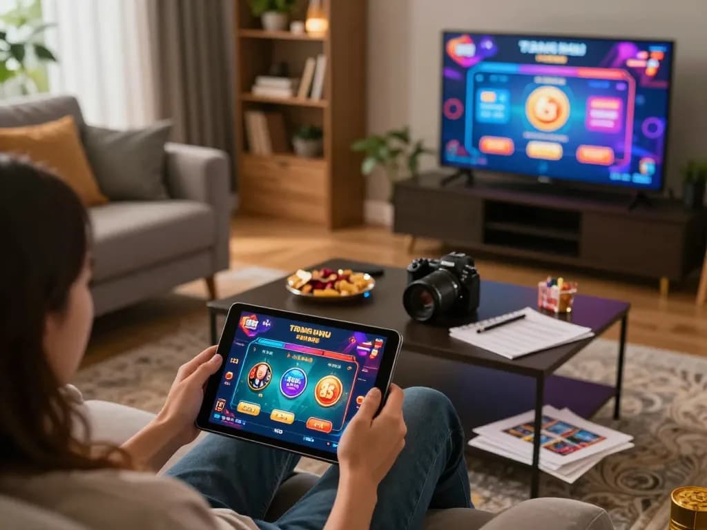 Engaged player using the Trang chủ 888new casino app on tablet for an exciting poker game at home.