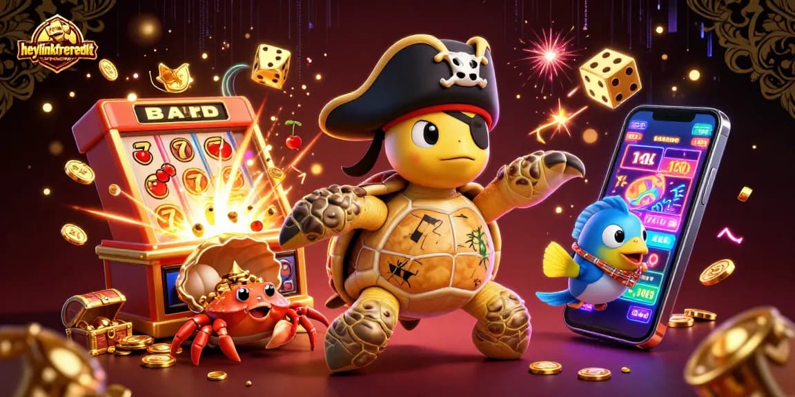 Experience heylinkfreecredit with a vibrant casino-themed 3D illustration showcasing lively characters and game elements.